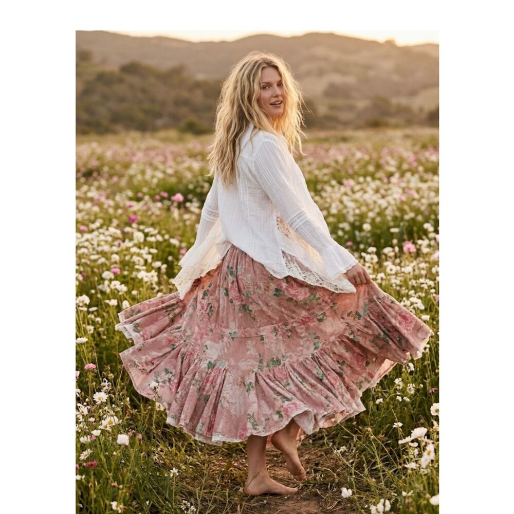 Free People Ethereal Dainty Cottage Bordeaux Floral Maxi Skirt Size XS
